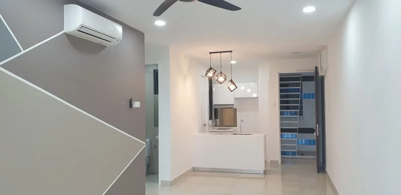 Living features: white painted walls, grey accent wall, tile flooring, 5-blade ceiling fan with light, recessed LED downlights, kitchen island, stainless-steel sink, pendant lighting, air conditioning unit; style: modern.