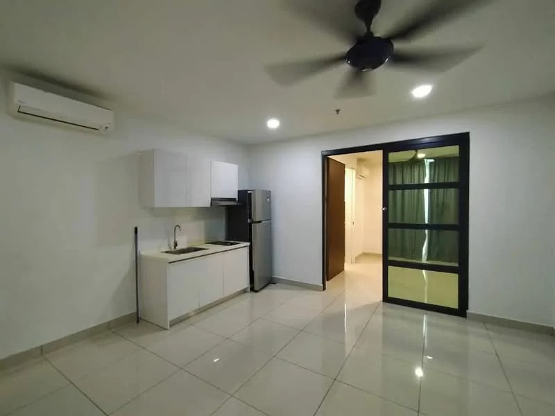 Kitchen features: white cabinetry, single-bowl stainless-steel sink, chrome pull-down faucet, stainless-steel fridge, ceramic tile flooring, recessed downlights, wall-mounted split AC, neutral painted walls, ceiling fan, open layout, sliding glass door, green curtains; style: modern.