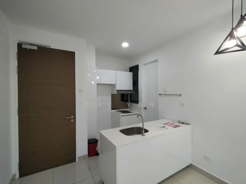 Kitchen features: white cabinetry, single-bowl stainless-steel sink, chrome pull-down faucet, white countertop, built-in microwave, freestanding range oven, tile backsplash, recessed downlights, ceramic tile flooring, open layout, wall-mounted shelf, kitchen island; style: modern.