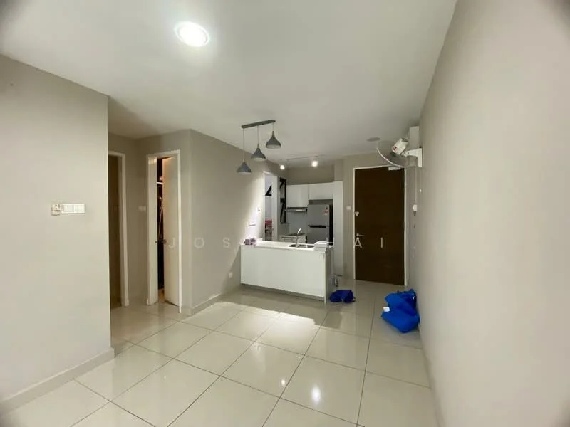 Living features: white painted walls, glossy ceramic tile flooring, recessed downlights, 1 wall-mounted split AC, kitchen island with seating, stainless-steel fridge, built-in oven, cabinets with flat-panel design, pendant lights above kitchen island, open layout, doorway leading to other rooms, neutral color scheme; style: modern.