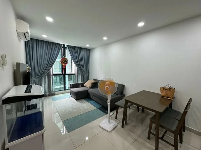 Living features: grey L-shape sectional sofa, light blue area rug, white walls, recessed downlights, floor-to-ceiling windows, sheer curtains, sliding glass door, wooden dining table, 2 wooden dining chairs, air conditioning unit, decorative wall art, fan, TV console, ceramic tile flooring; style: modern; view: city.