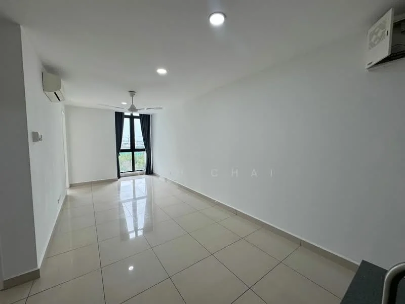 Living features: white painted walls, glossy ceramic tile flooring, recessed downlights, 5-blade ceiling fan, floor-to-ceiling windows, sliding glass door, blackout curtains, air conditioning unit; style: modern; view: city.