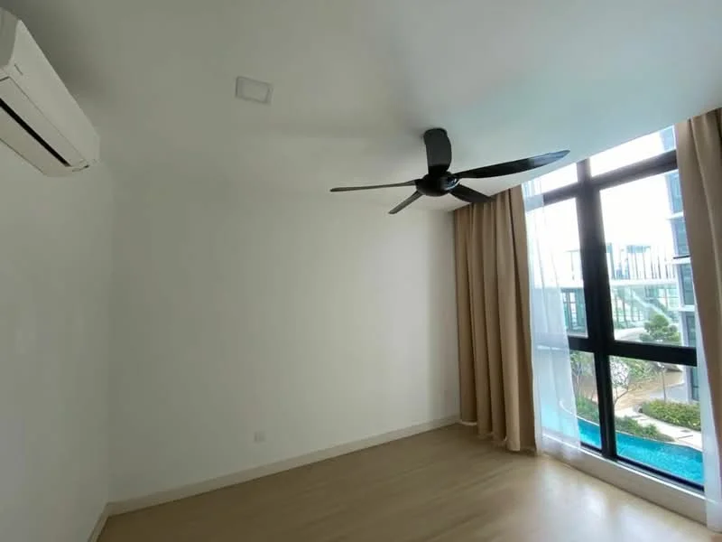 Room features: white painted walls, wooden flooring, 5-blade ceiling fan, floor-to-ceiling windows, sheer curtains, air conditioning unit, natural light, neutral color palette; style: modern; view: garden.