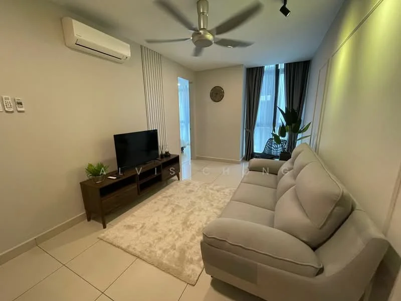 Living features: 3-seater fabric sofa in light grey, coffee table, wall-mounted TV, TV console in dark wood, area rug with neutral color, floor-to-ceiling windows, sheer curtains, 1 wall-mounted split AC, ceiling fan with light, decorative wall clock, potted plant, light-colored tiled flooring, neutral painted walls; style: modern.