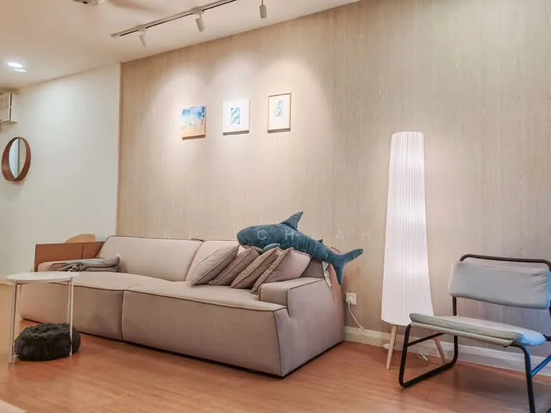 Living features: light wood accent wall, grey fabric sofa, decorative cushions, floor lamp, wooden coffee table, framed artwork on wall, round mirror, wooden flooring, decorative shark plush, modern armchair; style: modern.