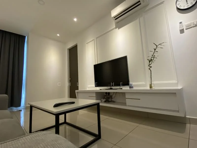 Living features: grey fabric sofa, white coffee table with black metal frame, wall-mounted TV, white TV console with drawers, recessed downlights, 1 wall-mounted split AC, dark grey curtains, decorative plant in vase, cream painted walls, glossy tile flooring; style: modern.
