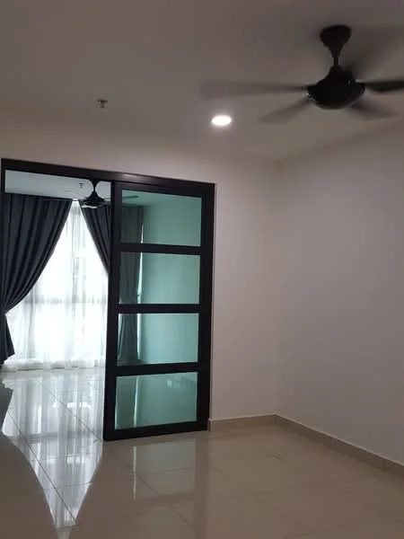 Room features: floor-to-ceiling windows, black-framed glass sliding door, grey curtains, white painted walls, polished ceramic tile flooring, ceiling fan, recessed LED downlights; style: modern.