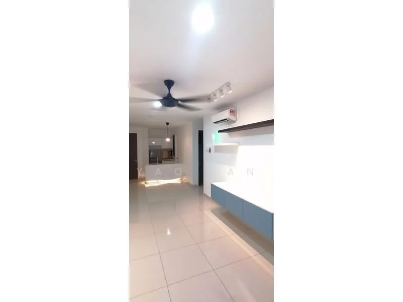 Living features: white painted walls, glossy ceramic tile flooring, 5-blade ceiling fan with light, recessed LED downlights, wall-mounted air conditioning unit, built-in shelving unit, neutral color cabinetry, open layout; style: modern.
