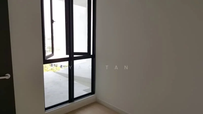 Room features: large floor-to-ceiling windows, white painted walls, light wood flooring, black window frames, view of outdoor space; style: modern; view: garden.