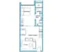 Floor plan: 2-bedroom 1-bathroom unit; features: open-plan kitchen-dining-living, master bedroom with ensuite bathroom, bedroom 2 with shared bathroom, utility room, central foyer, balcony off living room, 1 car porch.