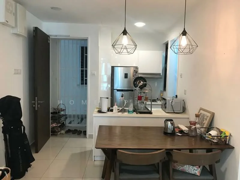 Kitchen features: white painted walls, ceramic tile flooring, recessed downlights, pendant lamps, stainless-steel fridge, built-in oven, freestanding range oven, kitchen island, white cabinetry, kettle, toaster, dining table with 4 chairs; style: modern. Room features: wooden door, shoe rack, open shelving.