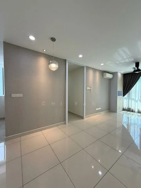 Room features: white painted walls, grey accent wall, polished ceramic tile flooring, recessed downlights, pendant light, 1 wall-mounted split AC, floor-to-ceiling windows, sheer curtains, ceiling fan; style: modern.