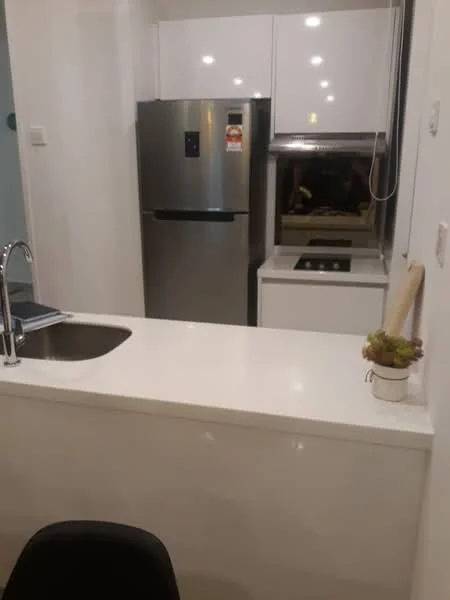Kitchen features: single-bowl stainless-steel sink, chrome pull-down faucet, white quartz countertop, stainless-steel fridge, built-in oven, 4-burner gas hob, white cabinetry, recessed downlights; style: modern.