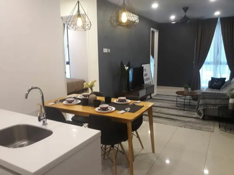 Kitchen features: white cabinetry, stainless-steel sink, chrome pull-down faucet, white countertop, open shelving; style: modern. Living features: 3-seater fabric sofa in grey, coffee table, TV console, wall-mounted TV, area rug with geometric pattern, pendant lighting, ceiling fan, curtains, decorative plants; style: modern. Dining features: 4-seater dining table, black dining chairs, table setting with plates and cutlery; style: modern.