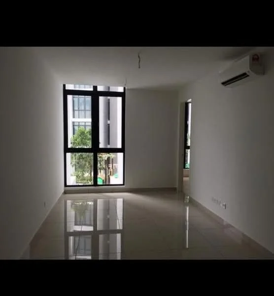 Living features: white painted walls, glossy ceramic tile flooring, floor-to-ceiling windows, 1 wall-mounted split AC, natural light from window, minimalist design, neutral color palette, reflected light on floor; style: modern; view: garden.
