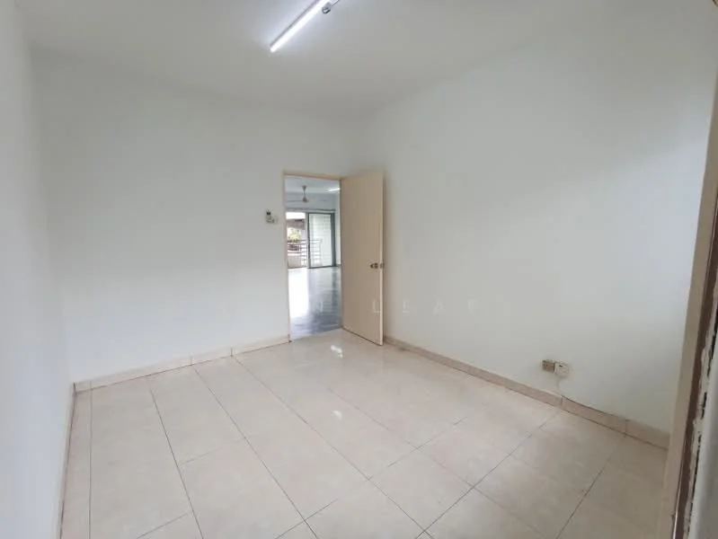Room features: white painted walls, tile flooring, single door, ceiling light fixture, window with view to outdoor area.