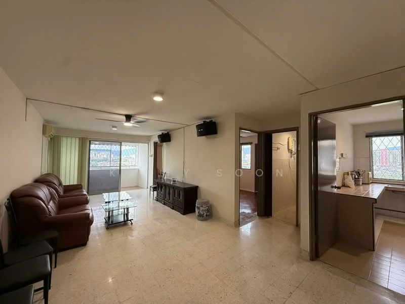 Living features: 3-seater brown leather sofa, 2-seater brown leather sofa, glass coffee table, TV console, wall-mounted TV, ceiling fan, recessed downlights, tile flooring, large windows with green curtains, neutral painted walls; style: contemporary; view: city. Kitchen features: kitchen island, built-in cabinets, countertop, stainless-steel sink, wall-mounted cabinets, tile flooring, neutral painted walls; style: contemporary.