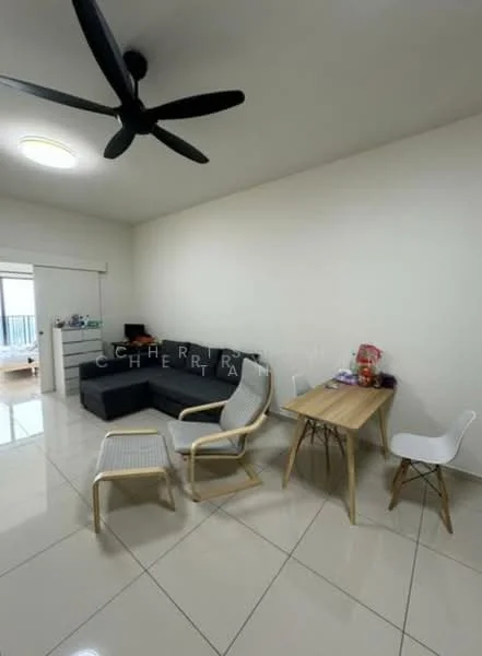 Living features: grey fabric sofa, 2 white plastic chairs, wooden dining table, white walls, glossy tile flooring, ceiling fan, recessed ceiling light, large window with natural light; style: modern.