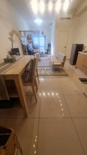Living features: glossy ceramic tile flooring, white painted walls, recessed downlights, 5-blade ceiling fan, sofa, wooden dining table with chairs, area rug with geometric pattern, TV console, sliding glass door, window treatments, decorative wall art; style: modern.