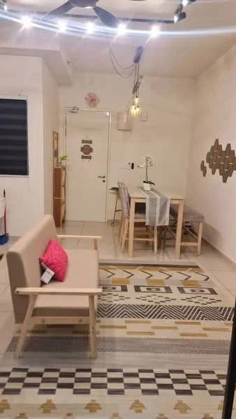 Living features: sofa with wooden frame, area rug with geometric pattern, dining table with four chairs, wall-mounted light fixtures, decorative wall art, white painted walls, tile flooring, window with roller blinds, door with handle, suspended ceiling lights; style: modern.