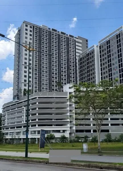 Exterior type: high-rise condominium; features: glass curtain wall, white painted facade, multiple balconies, parking deck, landscaped garden, surrounded by greenery; style: modern.