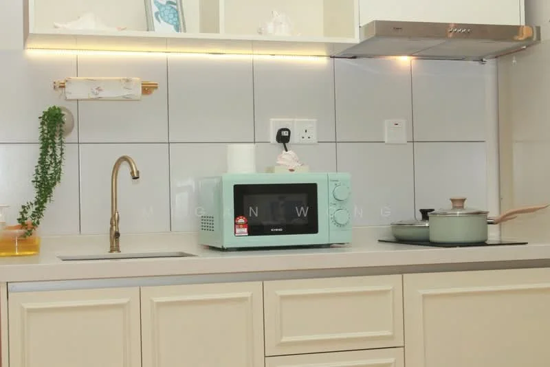 Kitchen features: single-bowl stainless-steel sink, chrome pull-down faucet, light grey countertop, white cabinetry with flat-panel doors, built-in microwave in mint green, stainless-steel range hood, ceramic tile backsplash, cooking pot on stove, decorative wall shelf, greenery in a pot; style: modern.