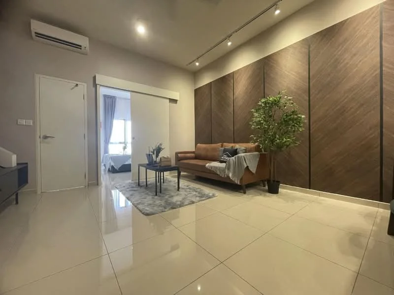 Living features: cream painted walls, wood accent wall, glossy tile flooring, 3-seater brown leather sofa, black coffee table, area rug with grey tones, potted plant, recessed downlights, wall-mounted air conditioning unit, floor-to-ceiling window with curtains; style: modern.