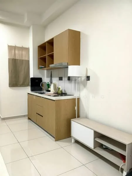 Kitchen features: light wood cabinetry, white countertop, stainless-steel sink, chrome pull-down faucet, built-in stove, microwave, open shelving, white tiled backsplash, white walls, ceramic tile flooring, under-cabinet lighting, kitchen island, small side table; style: modern.