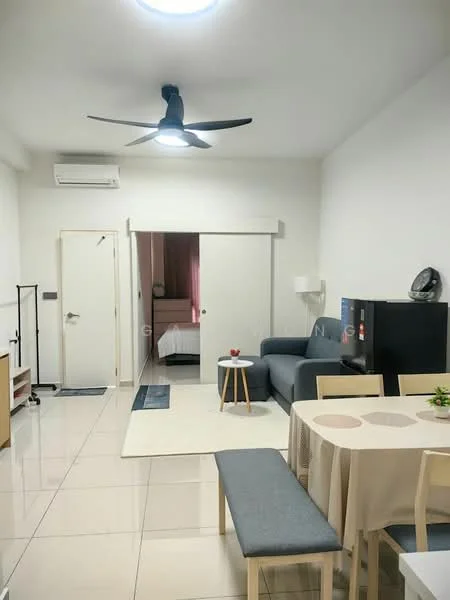 Living features: 5-blade ceiling fan with light, wall-mounted split AC, grey fabric sofa, coffee table, area rug, dining table with 4 chairs, black fridge, white walls, tile flooring, sliding door to bedroom, decorative plant on table; style: modern.