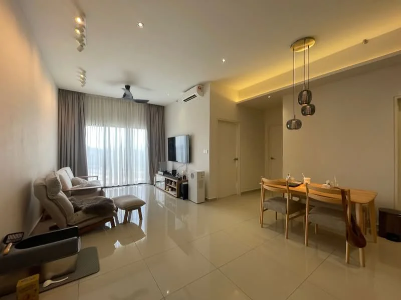 Living features: grey fabric sofa, 2-seater sofa, coffee table, wall-mounted TV, TV console, floor-to-ceiling windows, sheer curtains, recessed downlights, ceiling fan, polished tile flooring, decorative wall with light, area rug; style: modern; view: city. Dining features: 6-seater wooden dining table, wooden dining chairs, pendant lighting, open space layout; style: modern.