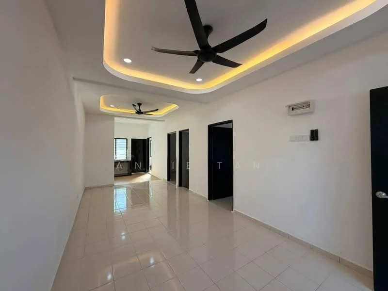 Room features: white painted walls, recessed ceiling with LED strip lighting, 2 ceiling fans, glossy ceramic tile flooring, 4 doorways leading to other rooms, air conditioning unit on wall, window for natural light; style: modern.