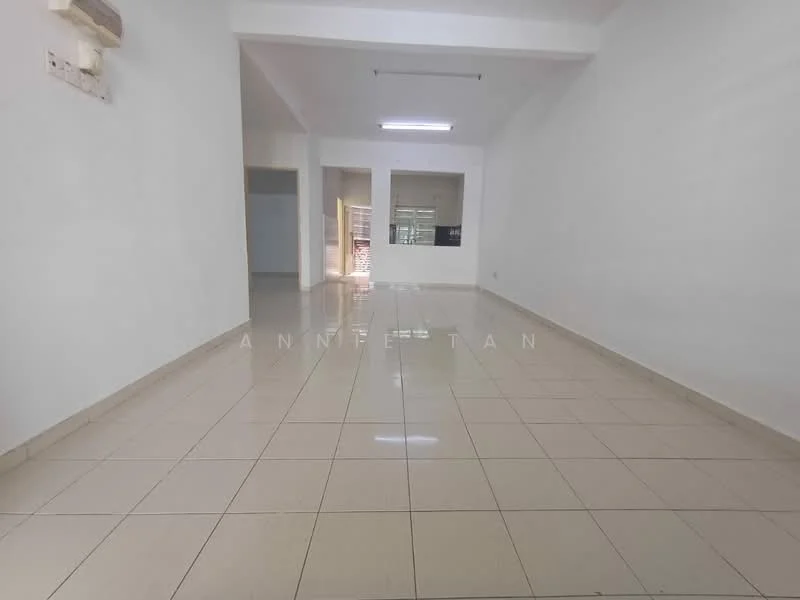 Room features: white painted walls, glossy ceramic tile flooring, recessed downlights, air conditioning unit, open layout, large windows, natural light, neutral color scheme; style: modern.