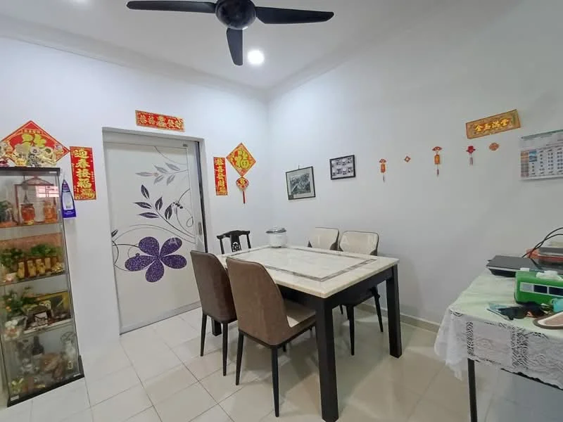 Dining features: white walls, tile flooring, 5-blade ceiling fan, dining table with marble top, 4 upholstered dining chairs, decorative wall art with floral design, glass display cabinet, wall-mounted calendar, Chinese decorative ornaments, framed artwork, wall-mounted light fixture; style: modern.