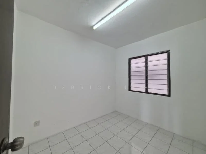 Room features: white painted walls, tile flooring, single window with horizontal slats, fluorescent ceiling light.