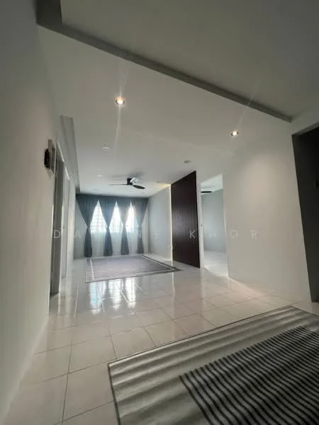 Room features: white painted walls, recessed downlights, ceiling fan, glossy tile flooring, large windows with sheer curtains, neutral color area rug, partition wall, open layout; style: modern.