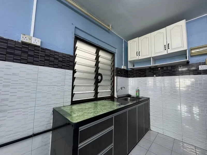 Kitchen features: green granite countertop, black cabinetry, white tiled backsplash, grey tiled flooring, stainless-steel sink, chrome faucet, sliding window with security grille, upper cabinets, open shelving; style: modern.