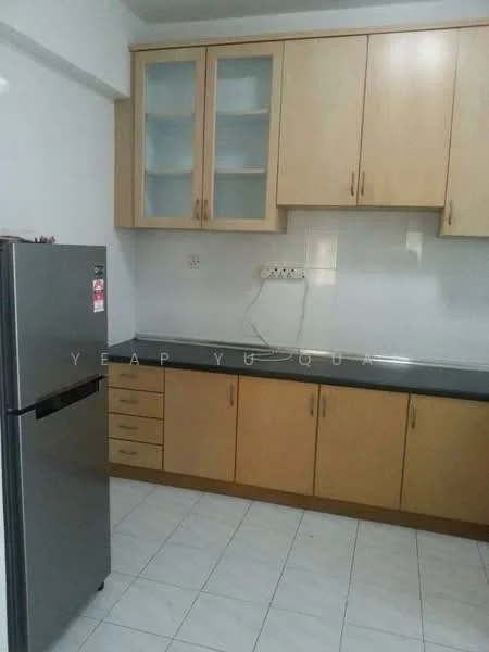 Kitchen features: stainless-steel fridge, laminate cabinetry in light wood, black granite countertop, white tiled backsplash, white walls, ceramic tile flooring, upper glass-front cabinets, lower cabinets with handles, electric outlet on wall, single-bowl stainless-steel sink; style: modern.