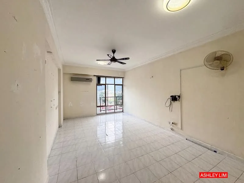 Living features: white painted walls, glossy ceramic tile flooring, 5-blade ceiling fan with light, wall-mounted air conditioning unit, floor-to-ceiling windows, sliding glass door, balcony access, light fixture on ceiling; view: city.
