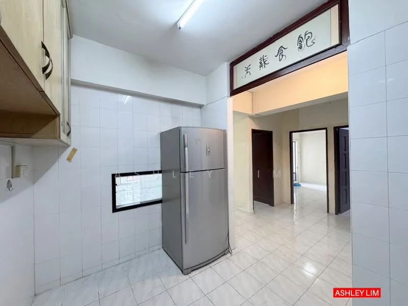 Kitchen features: stainless-steel fridge, white tiled walls, white tiled flooring, wooden cabinetry, single-basin sink, countertop space, window above sink, ceiling light fixture.