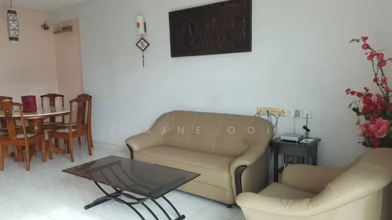 Living features: beige leather sofa, 2-seater sofa, 3-seater sofa, glass coffee table, white tiled flooring, wall-mounted artwork, decorative wall panel, floor lamp, decorative plant, wall light fixture; style: modern. Dining features: wooden dining table, 4 wooden dining chairs, white walls, decorative wall hanging; style: modern.