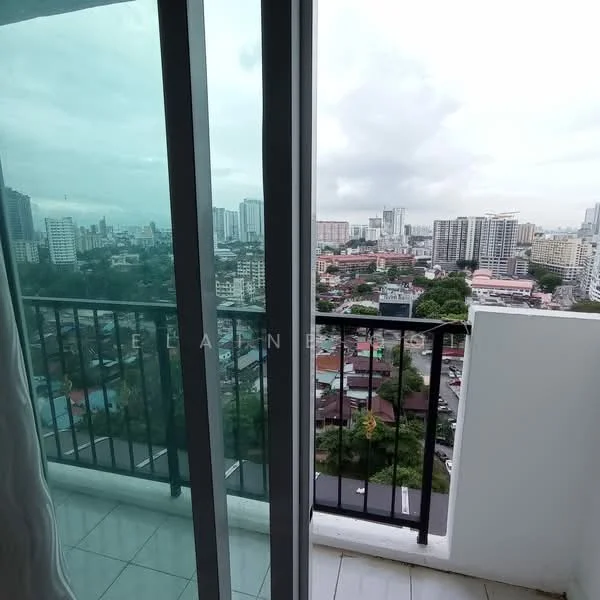 Room features: floor-to-ceiling sliding glass door, balcony with glass railing, city skyline view, white walls, grey tiled flooring, curtains, outdoor space; style: modern; view: city.