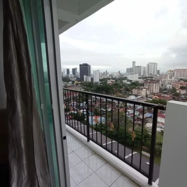 Room features: balcony with railing, floor-to-ceiling sliding glass door, white tiled flooring, city skyline view, curtains, outdoor space; view: city.
