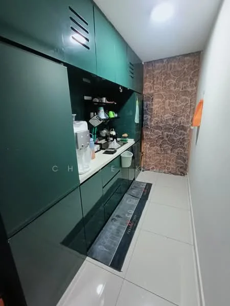 Kitchen features: green cabinetry, white countertop, stainless-steel sink, chrome pull-down faucet, built-in appliances, coffee machine, microwave, decorative stone wall, tile flooring, recessed lighting; style: modern.