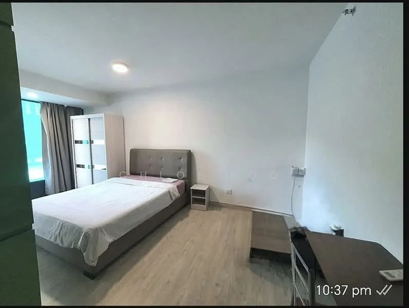 Bedroom features: queen-size bed, upholstered headboard, wooden bedside table, TV console, wall-mounted TV, floor-to-ceiling windows, curtains, laminate flooring, recessed downlights, built-in wardrobe; style: modern.