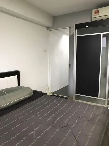 Bedroom features: queen-size bed with grey bedding, white painted walls, dark wood wardrobe with sliding doors, flooring with dark tiles, 1 wall-mounted split AC, door leading to hallway, window with no visible treatment, decorative pillow on bed; style: modern.