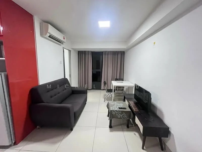 Living features: grey fabric sofa, white walls, tile flooring, wall-mounted TV, black TV console, white dining table, black dining chairs, air conditioning unit, curtains, recessed ceiling lights; style: modern.