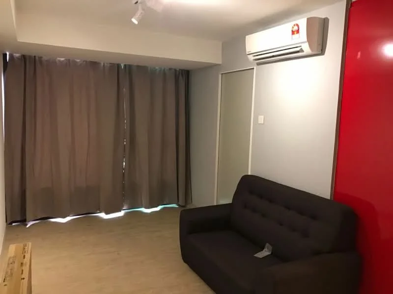 Living features: grey fabric sofa, wooden flooring, light grey painted walls, air conditioning unit, floor-to-ceiling curtains, neutral colour curtains, white door, light fixture on ceiling; style: modern.
