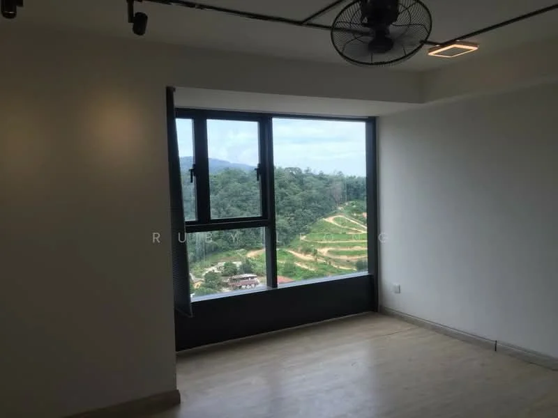 Room features: large floor-to-ceiling window, mountain view, white painted walls, light wood flooring, ceiling fan, recessed downlights; style: modern; view: mountain.