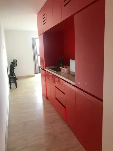 Kitchen features: red cabinetry, white countertop, built-in microwave, kitchen sink, single-bowl stainless-steel sink, modern faucet, open shelving, wooden flooring, floor-to-ceiling windows, wall-mounted fan; style: modern.