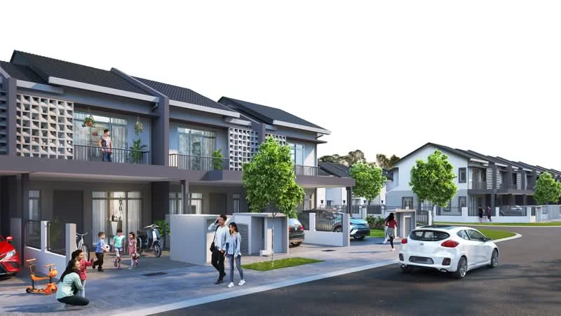 Exterior type: linked terrace house; features: two-storey building, grey painted facade, recessed balconies, flat roof, manicured lawn, paved driveway, car porch, mature trees, surrounded by greenery, multiple units visible, children playing in front, vehicles parked; style: modern.